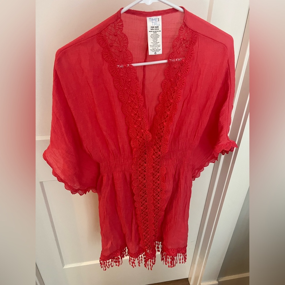 Time and Tru Red Crochet Trim Kimono Cover-Up – One Size